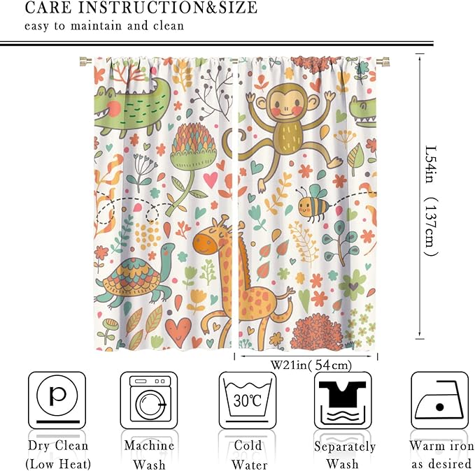 Cute Monkeys Curtains, Zoo Theme Cartoon Funny Animals Crocodile Giraffe Turtle with Flowers Print Thermal Insulation Window Drapes for Kids Boys Girls Baby Bedroom Living Room 42x54 Inch