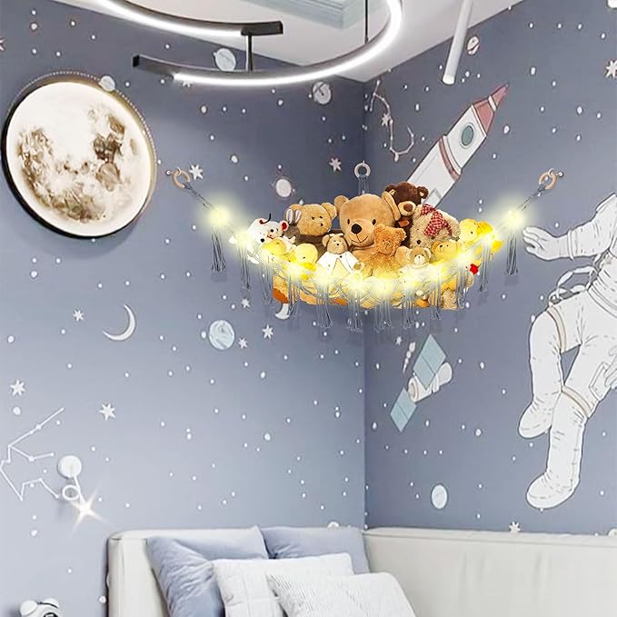 Stuffed Animal Hammock with LED Light, Large Stuffed Animals Storage Corner Plushie Net for Kids Room Decor, Grey