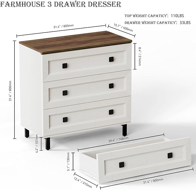 Modern White Dresser for Bedroom with 3 Drawers,Chest of Drawers with Organizer Storage for Bed Room,Livingroom Hallway