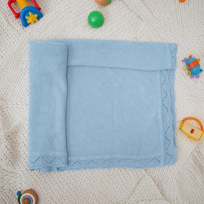 Baby Knit Blanket Soft Breathable Cotton Scallop Border Blankets Newborn Knitted Blanket Swaddle Blankets Gifts for Baby Newborn Toddler Shower Boy Girl New Mom Birthday Christmas Blue 28x36