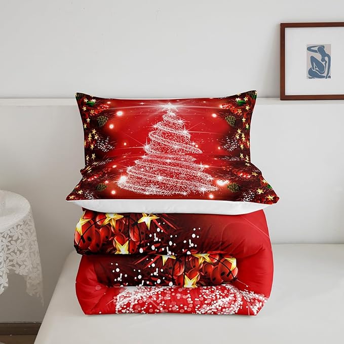 Feelyou Kids Merry Christmas Decorations Comforter Set, Kids Santa Tree Bedding Set King Size for Boys Girls Teens Xmas Christmas Bell Decor Comforter Glitter Red Quilt Set