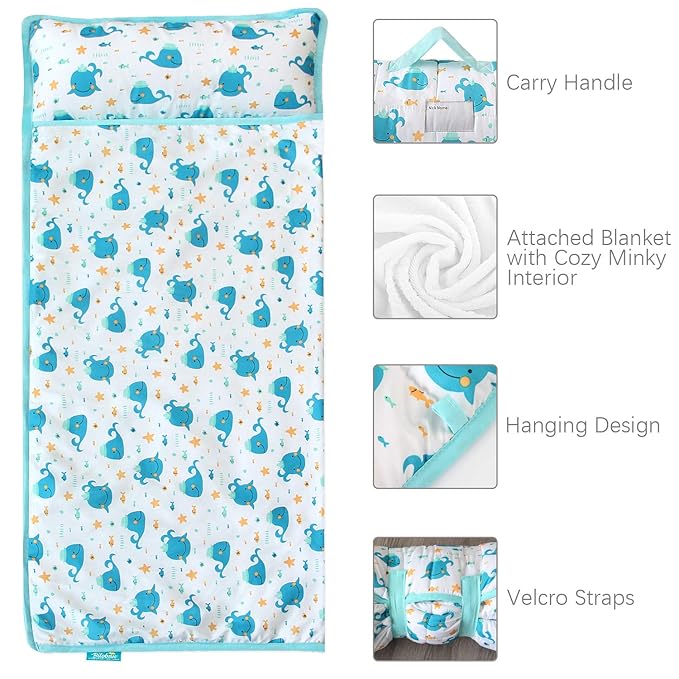 Biloban Toddler Nap Mat with Pillow and Blanket, Cot Nap Mats for Daycare Preschool, Portable Travel Sleeping Bag for Kids, Warm & Skin-Friendly, Blue Whale, 50" x 21"