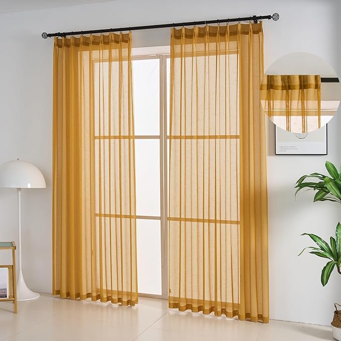 Mustard Gold Linen Look Pinch Pleated Sheer Curtains 102 Inches Long 2 Panels, 50 Inches Width, Rustic Light Filtering Drapes, Mustard Yellow Floor to Ceiling Window Curtain with Hooks