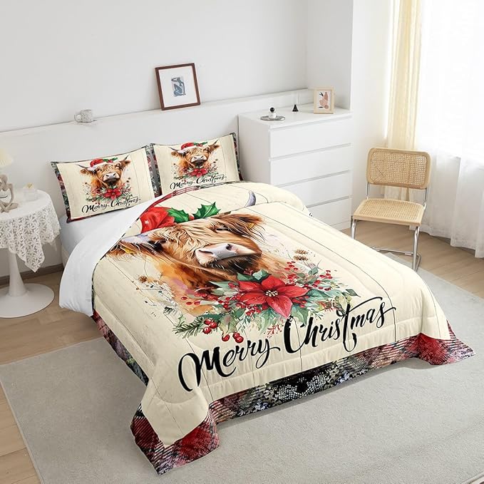 Highland Cattle Full Size Comforter Set,Merry Christmas Flowers Pine Trees Bedding Comforters Bedroom Collection,Rustic Farmhouse Wooden Grid Plaid Bedding Set for Girls Teens