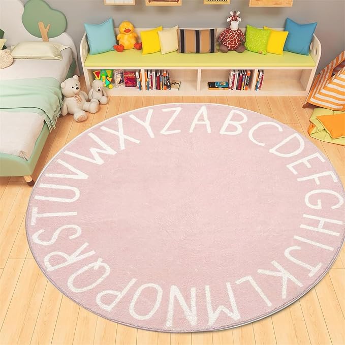 Round ABC Rug-7ft Children Education and Learning Fun Carpet, Alphabet Baby Crawling Mat,Fluffy and Comfortable Plush Floor Cushion Pink Sofa Cushion, for Playroom Classroom Decoration