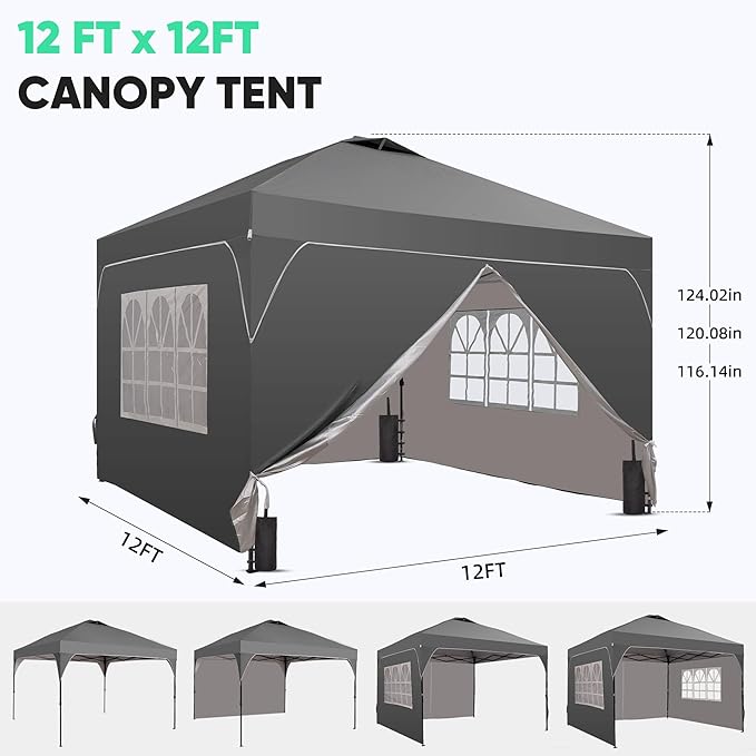 GDY 12x12FT Pop Up Canopy Tent with One Push Setup, Easy to Install with 4-Sidewalls for Events, Parties, Camping, Outdoor Gazebo with 4-Sandbags, Grey.