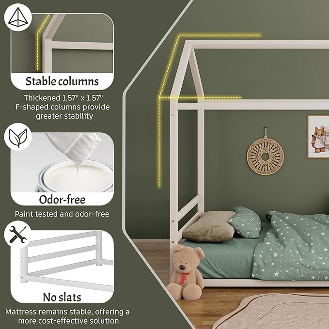 Harper & Bright Designs Twin Size Floor Bed Frame for Kids, House Bed with Roof and Guardrail, Metal Montessroi Floor Bed for Boys Girls, Easy Assemble, No Slats,White