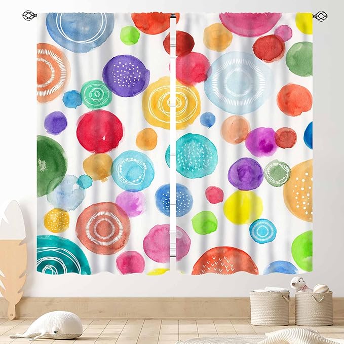 Colorful Curtains for Girls Bedroom, Watercolor Rainbow Cartoon Abstract Circle Polka Dots Splashes Cute Window Drapery for Kids Boys Girls Classroom Living Room Nursery 2 Panels, 84"x84" Inch