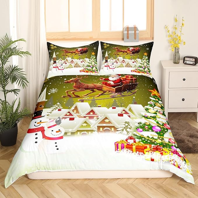 Manfei Christmas Duvet Cover Set Queen Size, Xmas Tree Snowman Comforter Cover with 2 Pillowcases, Santa Claus with Deer Bedding Set for Kids Boys Girls New Year Theme Bedspread Cover, No Comforter