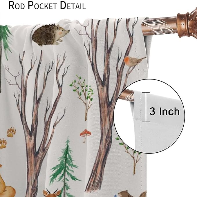 Forest Animal Kids Curtains, Watercolor Cartoon Window Treatments, Cute Animal Floral Girl Toddler Home Bedroom Living Room Drapes 72x63in