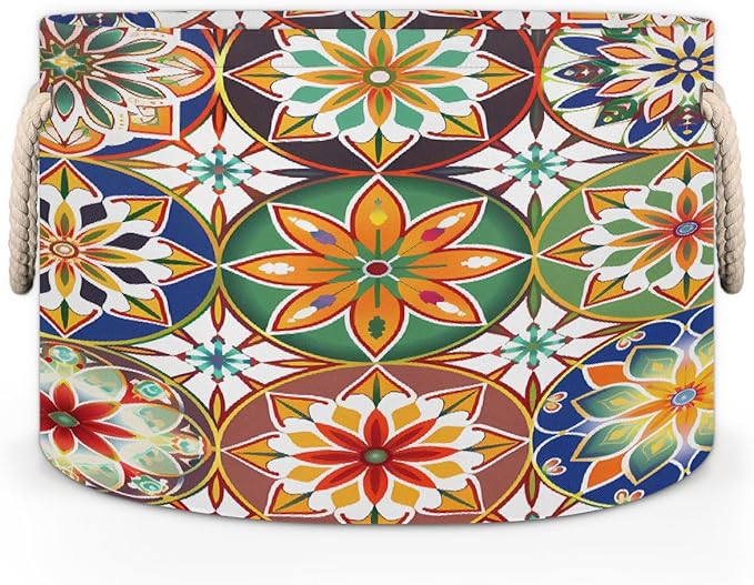 Colorful Geometric Mandala Round Storage Basket for Laundry & Toys, Lightweight Fabric Laundry Hamper with Handles, Foldable Large Organizer Bin for Bedroom Bathroom Nursery Dorm
