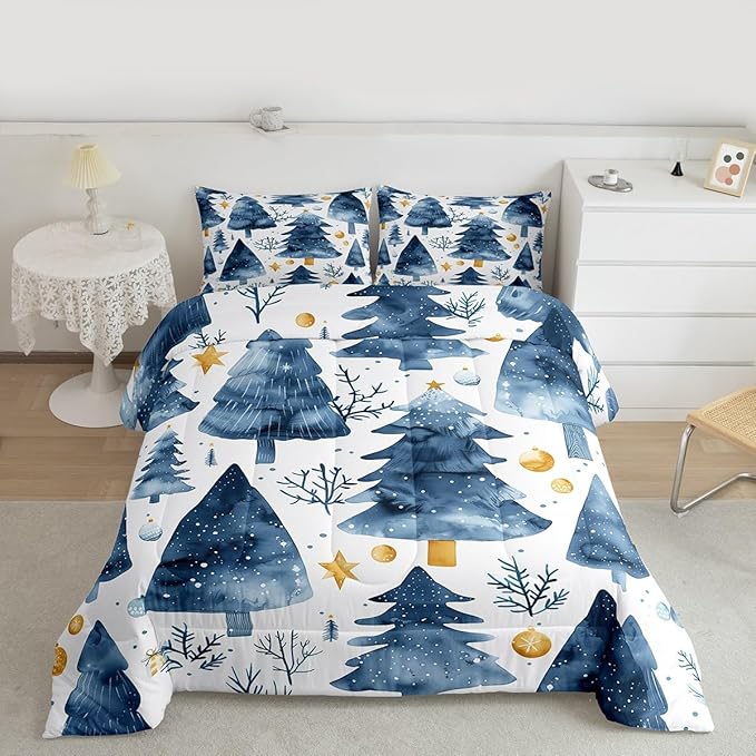 Feelyou Christmas Comforter Set All Season Xmas Tree Bedding Set with 1 Pillow Cases Watercolor Blue Microfiber Kids Toddler Bedclothes Snowflake Bedroom Decor Duvet Quilt Breathable Soft Lightweight