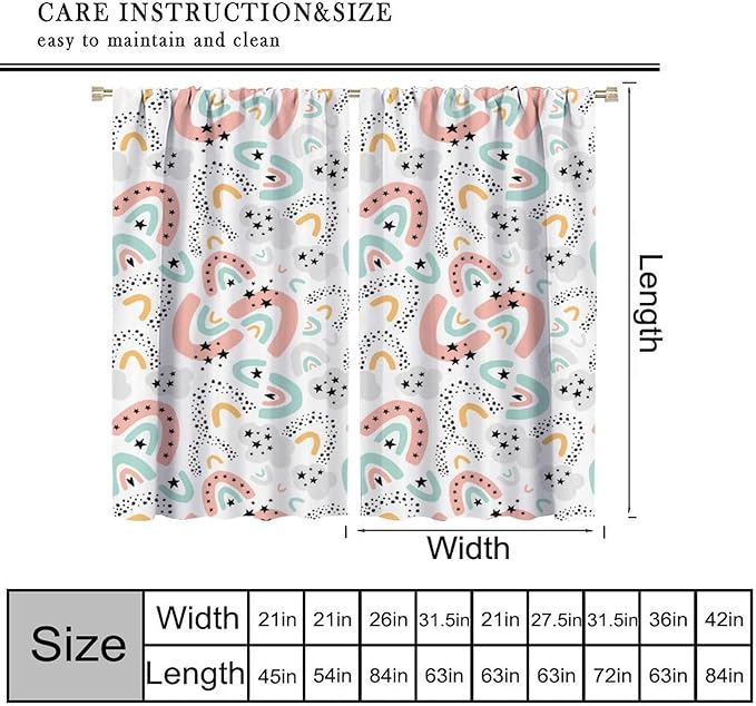 Boho Rainbow Curtains for Kids Nursery Colorful Floral Sun Star Clouds Pastel Bohemian Pattern Print Window Drapes for Girl Bedroom Living Room Kitchen Decor,2 Panel Set,42Wx45H Inch Blackout