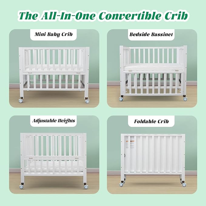 Foldable Mini Baby Crib - Portable 4-in-1 Convertible Baby Cribs,Pine Wood Bedside Bassinet,3 Heights Bassinet Bedside Sleeper with A Sponge Mattress,Wheeled,White