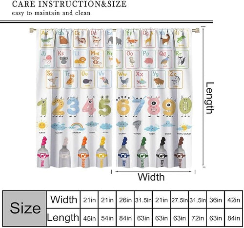 Alphabet Learning Curtain for Kids, Colorful Cartoon Animal Multiplication Table Educational, Classroom Child Printed Rod Pocket Blackout Window Drapes for Bedroom Living Room 63" W X 72" L