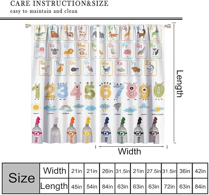 Alphabet Learning Curtain for Kids, Colorful Cartoon Animal Multiplication Table Educational, Classroom Child Printed Rod Pocket Blackout Window Drapes for Bedroom Living Room 84" W X 84" L
