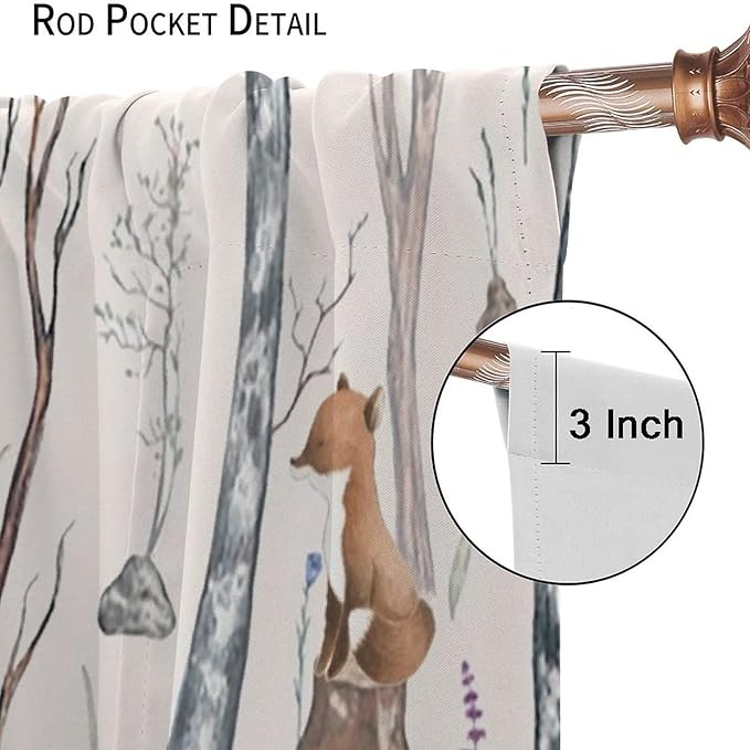 Rustic Forest Window Curtains Curtains, Woodland Animal Bear Deer Hedgehog Fox Squirrel Watercolor Blackout Rod Pocket Treatments Drapes for Boys Girls Bedroom 55x63in