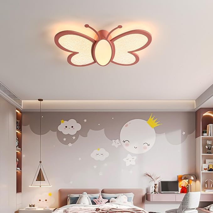 Dimmable LED Flush Mount Ceiling Light Fixture with Remote Control, 18.7Inch 36W Pink Butterfly Modern Ceiling Lamp for Girl Room Baby Kids Room Bedroom Nursery Dining Room Kitchen