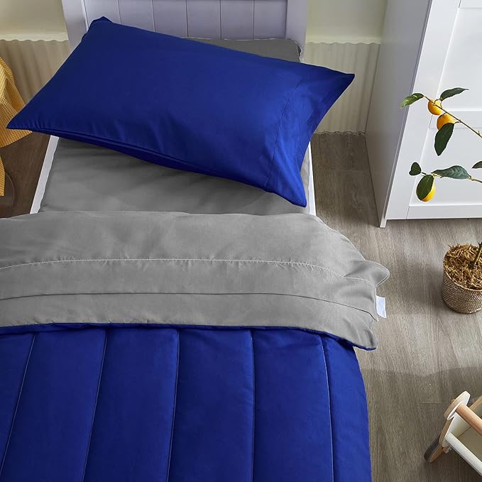 4 Pieces Toddler Bedding Set Ultra Soft and Breathable Toddler Comforter Sheet Set for Autumu and Winter- Includes Warm Comforter, Flat Sheet, Fitted Sheet and Pillowcase - Royal Blue & Gray