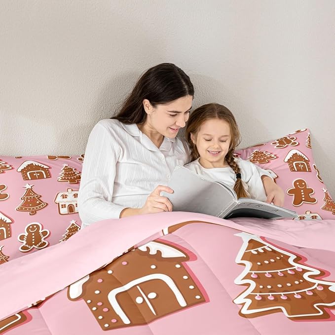 Feelyou Christmas Comforter Set King Size Gingerbread Man Bedding Set for Kids Boys Girls Snowflake Duvet Quilt Xmas Tree Bedroom Decor Microfiber 3 Pcs with 2 Pillow Cases