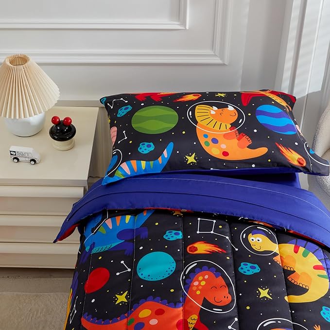 4 Pieces Toddler Bedding Set for Boys Girls Black Toddler Bed Set - Ultra Soft Cartoon Space Orange Dinosaur Toddler Bed in a Bag - 1 Comforter Set 1 Fitted Sheet 1 Flat Sheet 1 Pillowcase