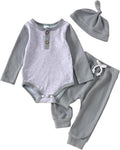 Baby Boys Girls 3PCS Waffle Knit Outfit Set, Long Sleeve Romper+Drawstring Elastic Pants+Hat for 0-24Months