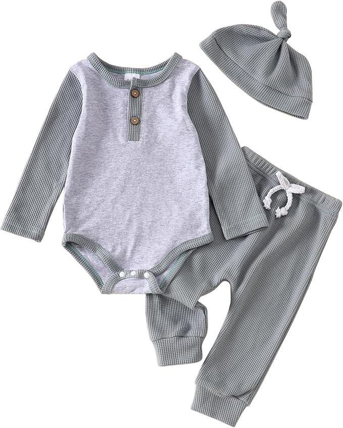 Baby Boys Girls 3PCS Waffle Knit Outfit Set, Long Sleeve Romper+Drawstring Elastic Pants+Hat for 0-24Months