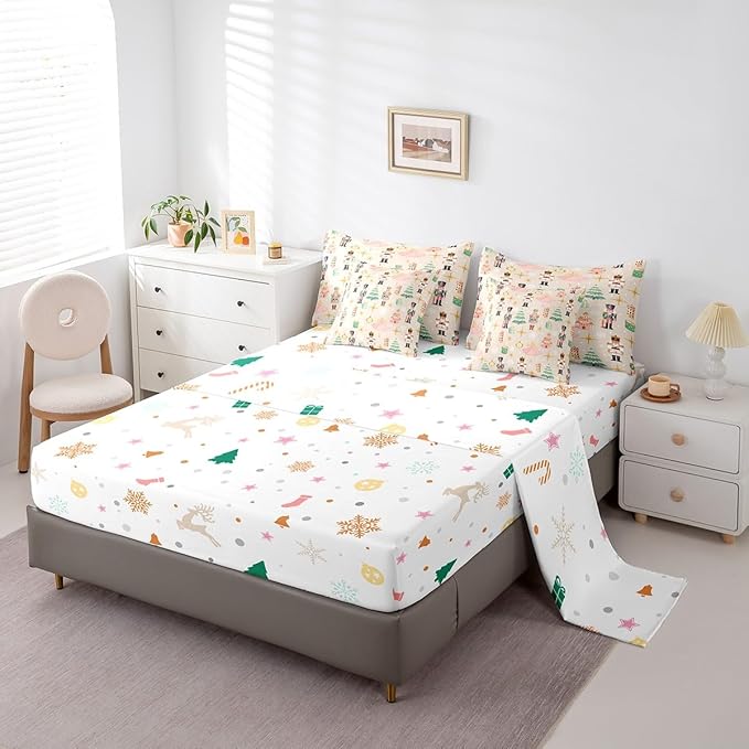 Erosebridal 7Pcs Beige Christmas Comforter Set King Size,Princess Nutcracker Bedding Set,Xmas Tree Snow Bed in A Bag for Kids Boys Girls,Starry Sky Christmas Decoration Quilt with Flat Fitted Sheet