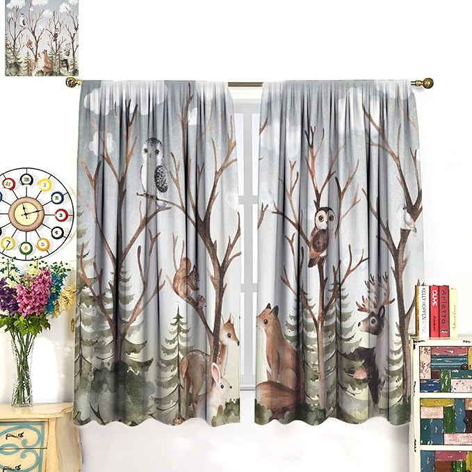 Forest Curtains, Cartoon Woodland Animals Tree Birds Moose Rabbit Mushroom Print Pattern Kids Bedroom Window Treatments Curtains 52x84in, Style-8