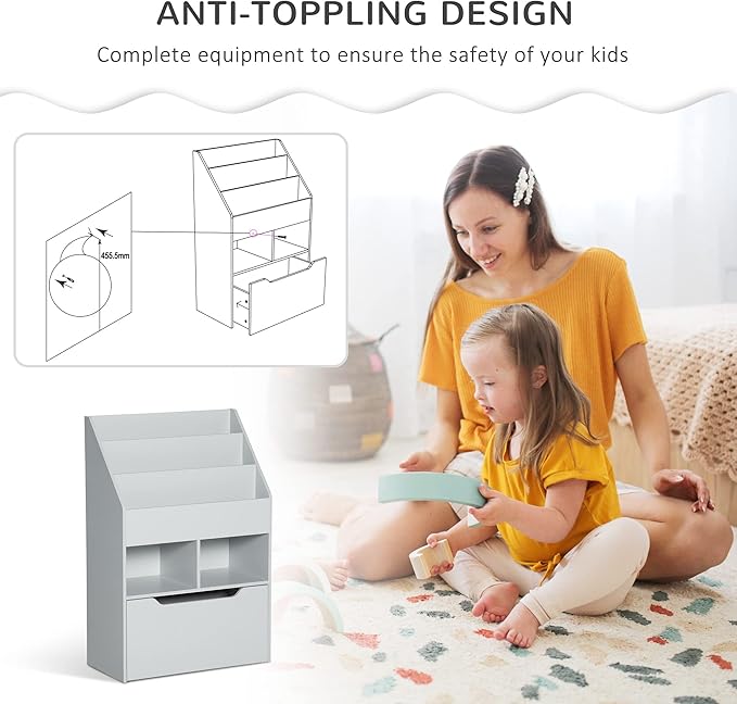 HOMCOM Kids Bookcase Multi-Shelf Rack Organizer with Storage Drawer for Books, Playroom, Gray