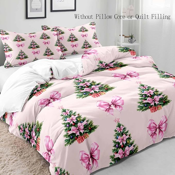 LUVIVIHOME 3PCS Pink Bow Christmas Tree Duvet Cover Queen Bedding Sets, Teen Girl Bedding, Light Pink Duvet Cover, Xmas Tree Winter Holiday Festival Coquette Christmas Comforter Cover, 2 Pillow Cases