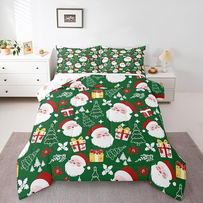 jejeloiu Santa Claus Comforter Set Toddler Size Merry Christmas Bedding Set for Kids Boys Girls Xmas Themed Duvet Quilt Green Bedroom Decor