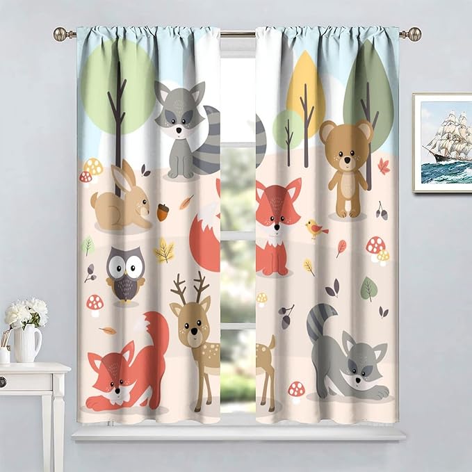 Kids Cartoon Forest Animal Curtains, Cute Woodland Animal Window Treatments for Bedroom Wildlife Fox Bear Deer Bunny Bird Blackout Window Drapes for Girls Boys Nursery Toddler Playroom 52x84in