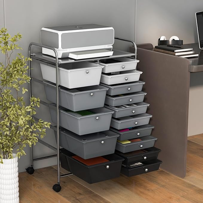 RELAX4LIFE 15-Drawer Storage Drawer Carts - Mobile Rolling Utility Cart w/Wheels, Craft Organizer for Classroom Organization and Storage, School, Office, Home, Storage Organizer Cart (Gradient Black)
