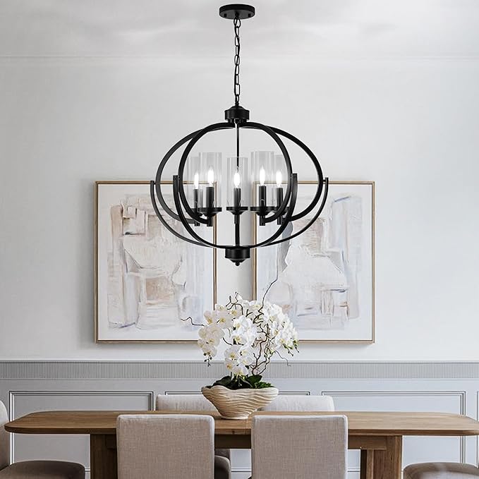 WJShome Farmhouse Black Chandelier for Dining Room, 5-Light Modern Foyer Lighting Fixtures, Adjustable Height Hanging Lantern Pendant Light with Glass Shade, for Kitchen Island Hallway Entryway