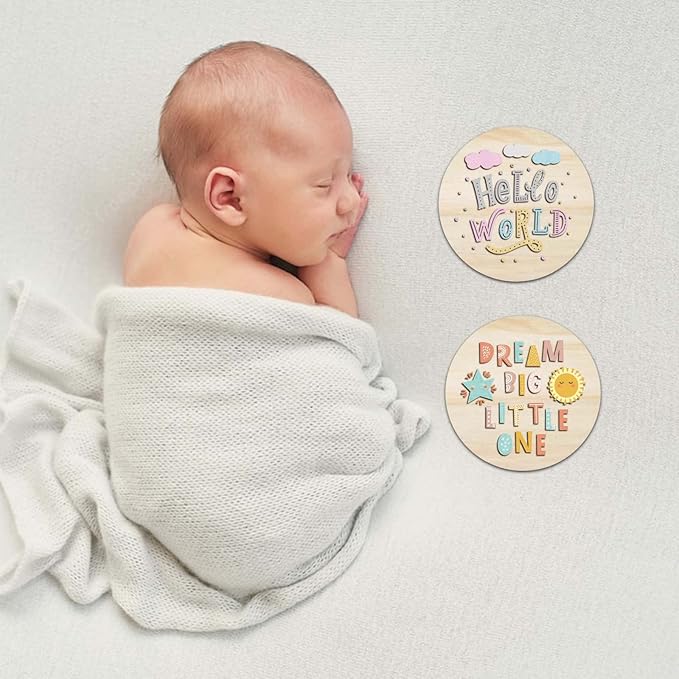 Baby Monthly Milestone Cards for Newborn Girl or Boy,Safari Monthly Baby Milestone Cards Baby Anniversary Signs,Baby Shower Cards Come with Organza Gift Bag (Milestone Wooden Circles)