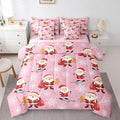 Erosebridal 7Pcs Cute Santa Claus Comforter Set Queen Size,Xmas Gingerbread Bedding Set for Kids Boys Girls,Christmas Snowboard Snowflake Bed in A Bag,Pink Christmas Quilt with Flat Fitted Sheet