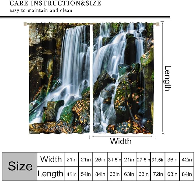 Waterfall Blackout Window Curtains, Forest Nature Landscape Theme Pattern Print Window Drapes, for Living Room Bedroom 42" W X 63" L