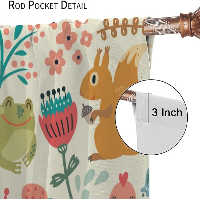 Kids Baby Woodland Blackout Curtains,Forest Animals Plants Cartoon Funny Colorful Deer Fox Owl Pattern Thermal Insulation Window Drapes for Boys Girls Children's Bedroom 42x63in