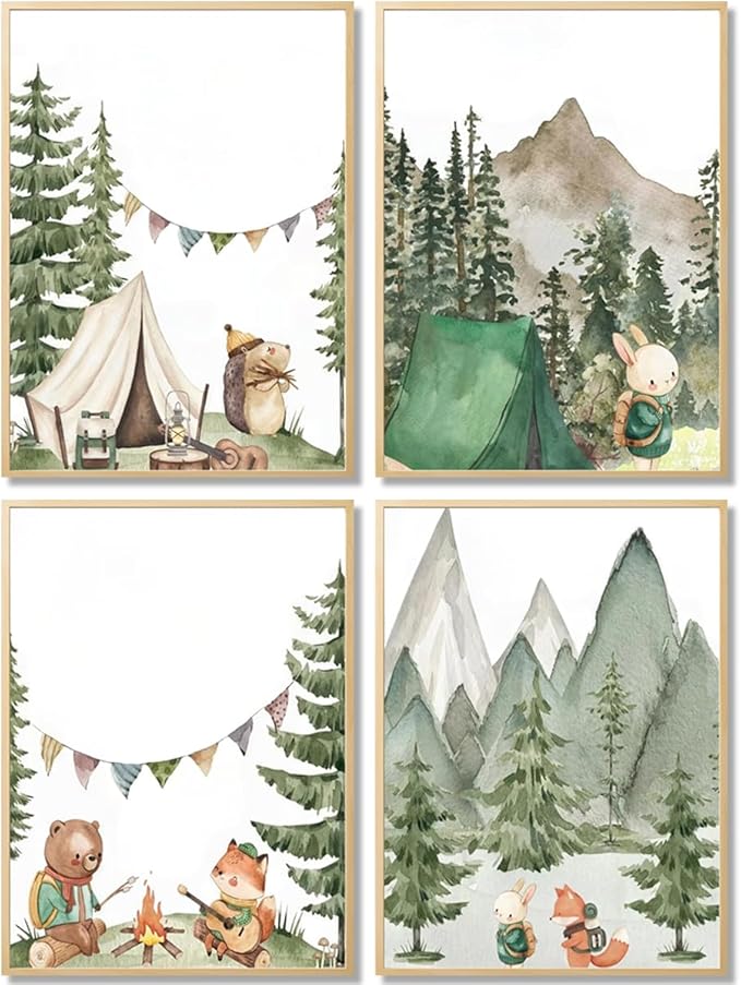 Kousne Woodland Adventure Nursery Canvas Wall Art Set of 4 Camping Animal Prints BearFox Rabbit Hiking PostersForest Mountain Themed Kids Room PictureNature Exploration Wall Decor Frameless 8x10In ﻿