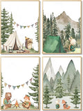 Kousne Woodland Adventure Nursery Canvas Wall Art Set of 4 Camping Animal Prints BearFox Rabbit Hiking PostersForest Mountain Themed Kids Room PictureNature Exploration Wall Decor Frameless 8x10In ﻿