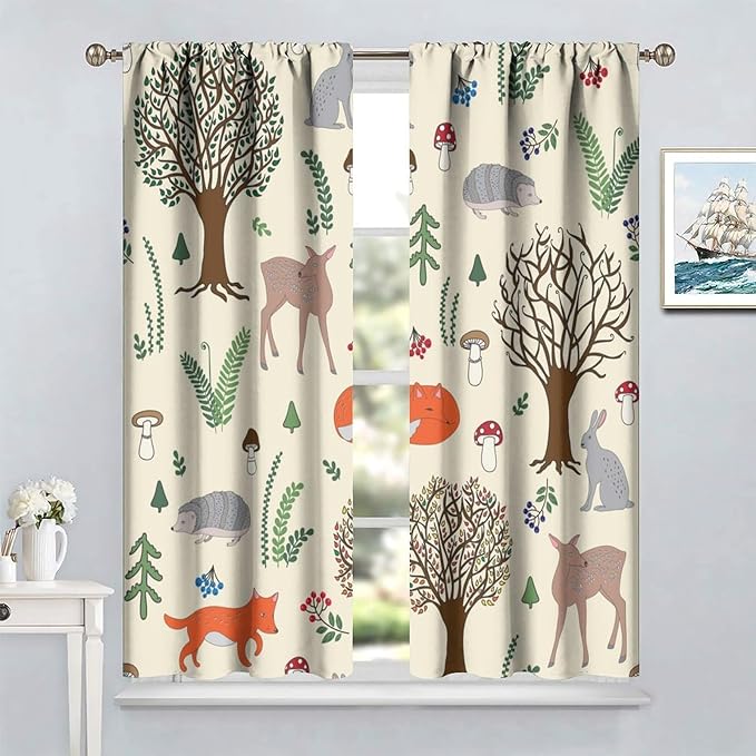 Kids Forest Animal Curtains, Rustic Cute Wild Animal Fox Deer Hedgehog Window Treatments Farmhouse Woodland Window Drapes for Girls Boys Nursery Toddler Bedroom 72x63in