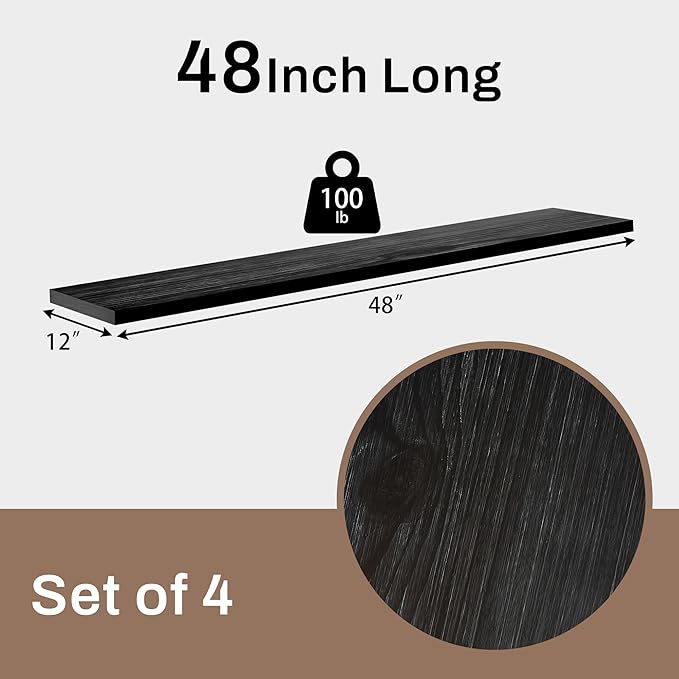 12x60 Inch Rustic Wood Floating Shelves 4-Pack - Farmhouse Black Wall Shelves with 100 lbs Capacity, Easy Installation for Living Room, Kitchen, Bathroom
