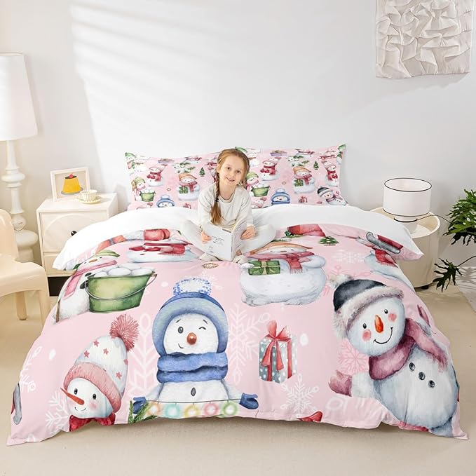 Manfei Christmas Duvet Cover Set Twin Size, Cute Snowman Dogs Snowflake Comforter Cover with 1 Pillowcase, New Year Pink Bedding Set 2pcs for Kids Boys Girls Lightweight Bedspread Cover,No Comforter