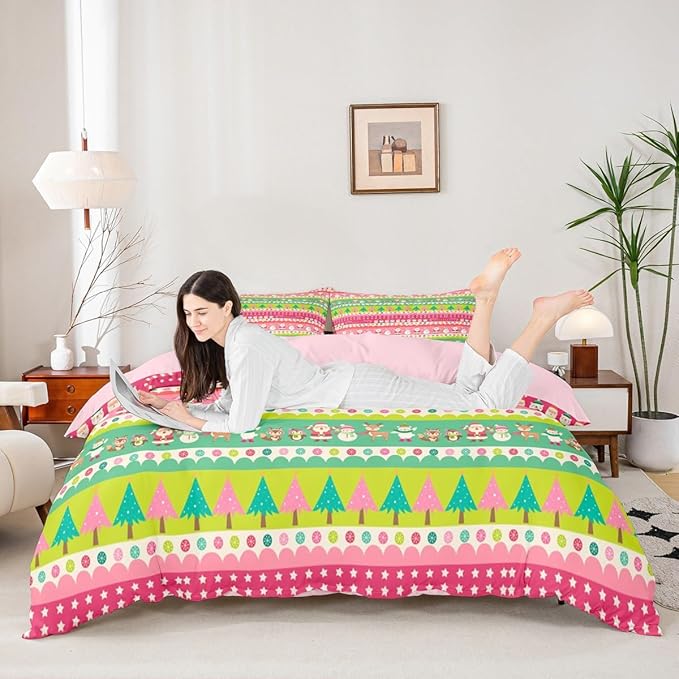 Christmas Bedding Set Cute Fox Santa Claus Polar Bear Comforter Cover for Kids Boys Girls Teens Christmas Tree Duvet Cover Breathable Pink Dots Stripe Bedspread Cover Room Decor Quilt Cover Toddler