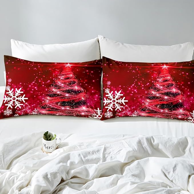 Manfei Red Xmas Tree Duvet Cover Set Queen Size, White Snowflake Print Bedding Set 3pcs for Kids Boys Girls Bedroom Decor, Christmas Theme Comforter Cover with 2 Pillowcases,No Comforter