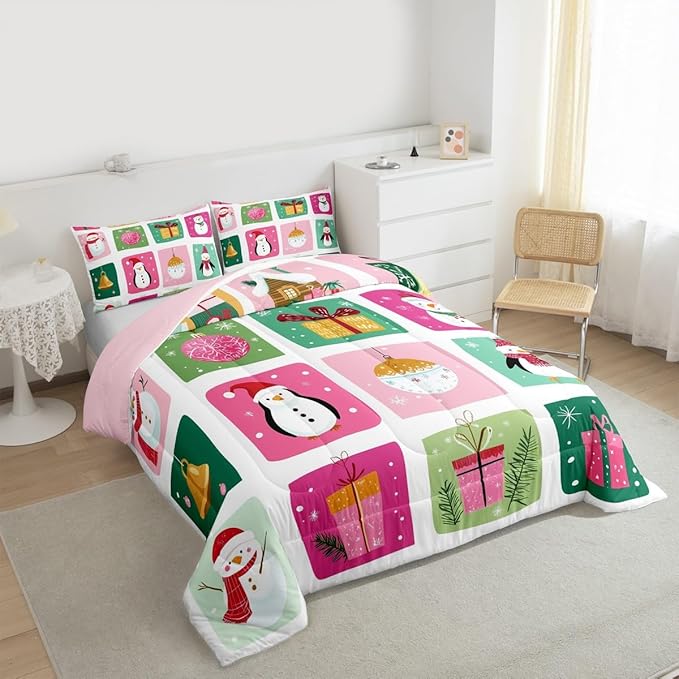 Feelyou Happy New Year Bedding Set Soft for Boys Girls, Christmas Decor Comforter Set Queen Size Merry Christmas Duvet Quilt Microfiber Winter Penguin Bedroom Decor 3 Pcs with 2 Pillow Cases