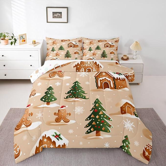 Feelyou Christmas Bedding Set Soft for Boys Girls, Gingerbread Man Comforter Set Toddler Size Snowflake Duvet Quilt Microfiber Xmas Tree Bedroom Decor 2 Pcs with 1 Pillow Cases