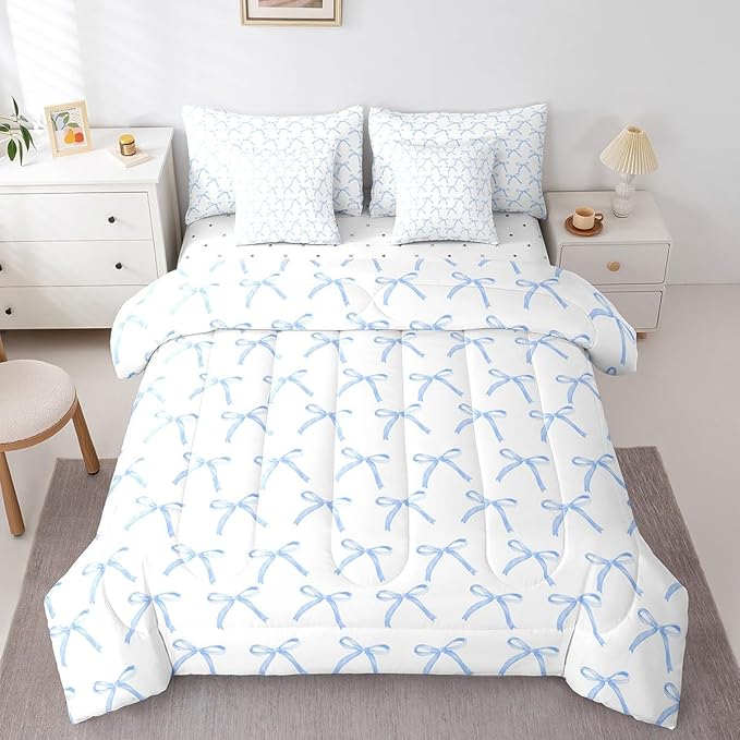Manfei 7 Pieces Cartoon Bowknot Kids Comforter Full Size,Bow Tie Knot Geometric Patchwork Fashion Bedding Set,Hand-Painted Sketch Blue Noble（Comforter+Fitted+Flat+2 Pillowcases+2 Throw Pillow Covers