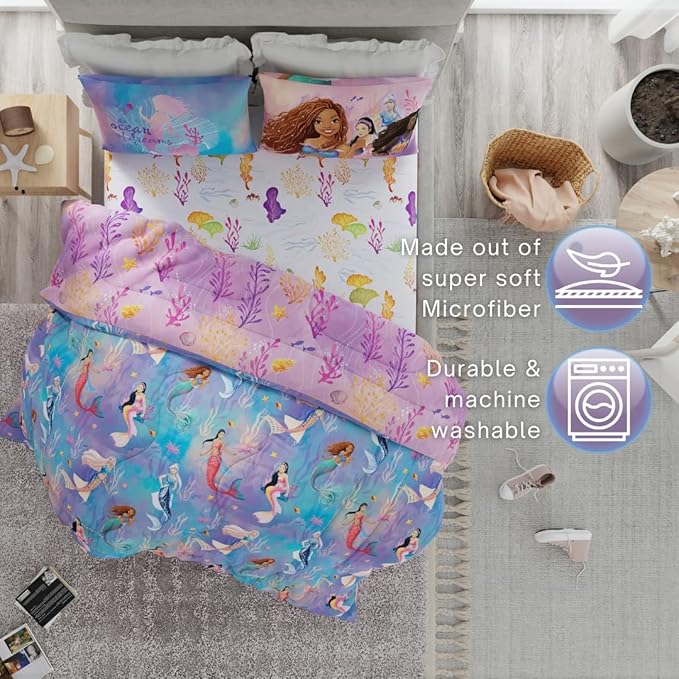 Disney Princess Ariel The Little Mermaid Live Action Movie Kids Bedding Super Soft & Cozy Reverisble Microfiber Comforter and Sheet Set with Sham, Queen, (100% Officially Licensed Product) by Franco